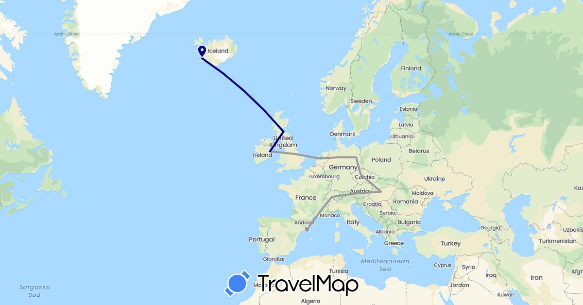TravelMap itinerary: driving, plane in Switzerland, Czech Republic, Germany, Spain, United Kingdom, Hungary, Ireland, Iceland, Netherlands (Europe)